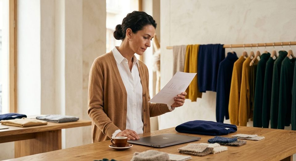 Directora leyendo un informe de ventas impreso en un showroom de género de punto
