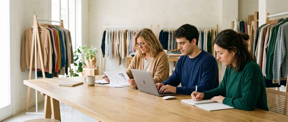 Equipo de dirección y comercial trabajando con informes en un showroom de punto