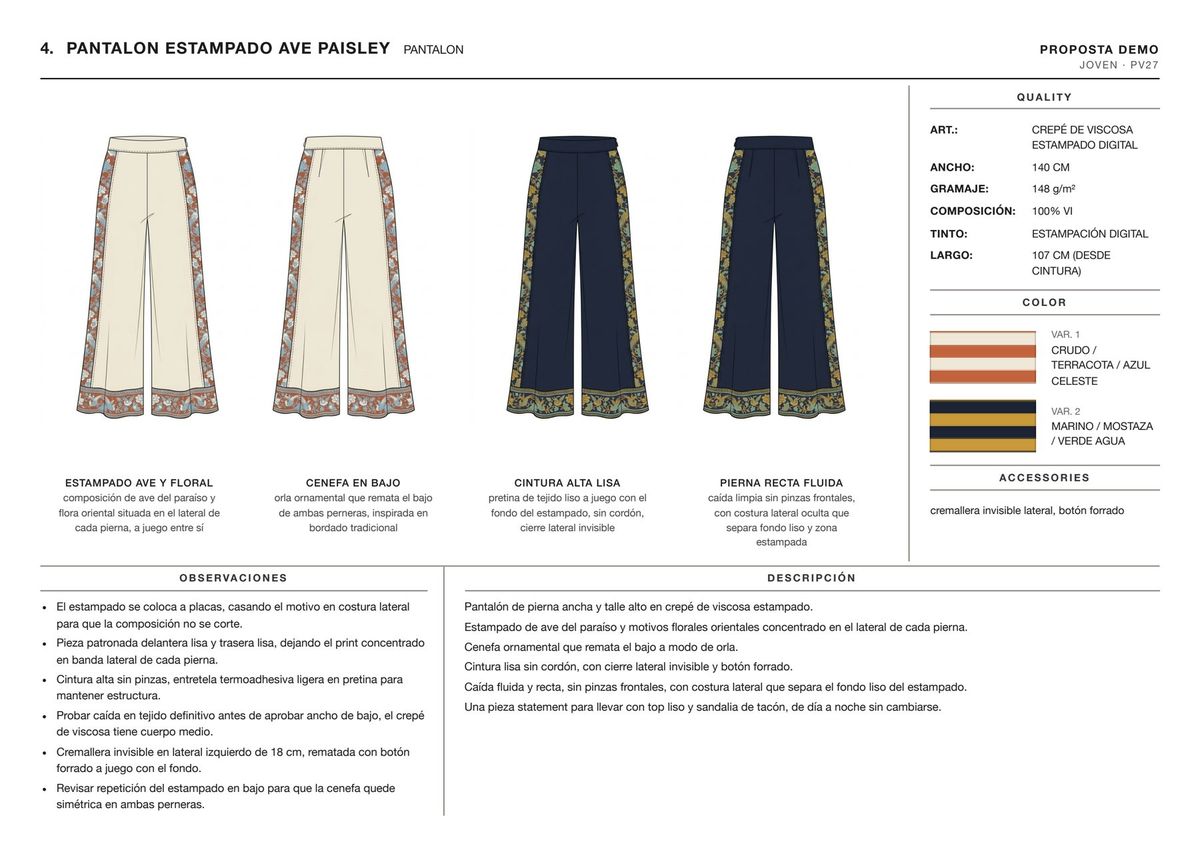 Ficha técnica de un pantalón estampado con dibujos por color, detalles, calidad y descripción