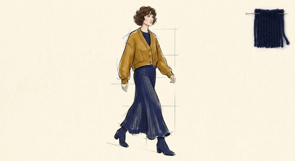 Ilustración de moda de una silueta con cárdigan corto mostaza y falda larga marino