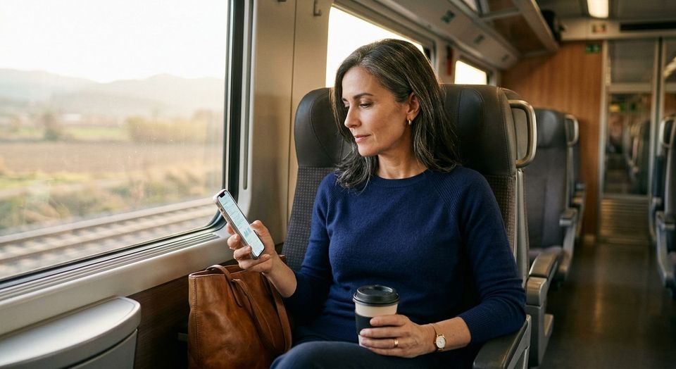 Directora comercial leyendo el informe de ventas en el móvil en un tren