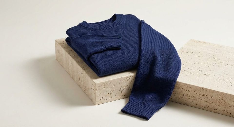 Jersey de merino marino doblado sobre un pedestal de travertino