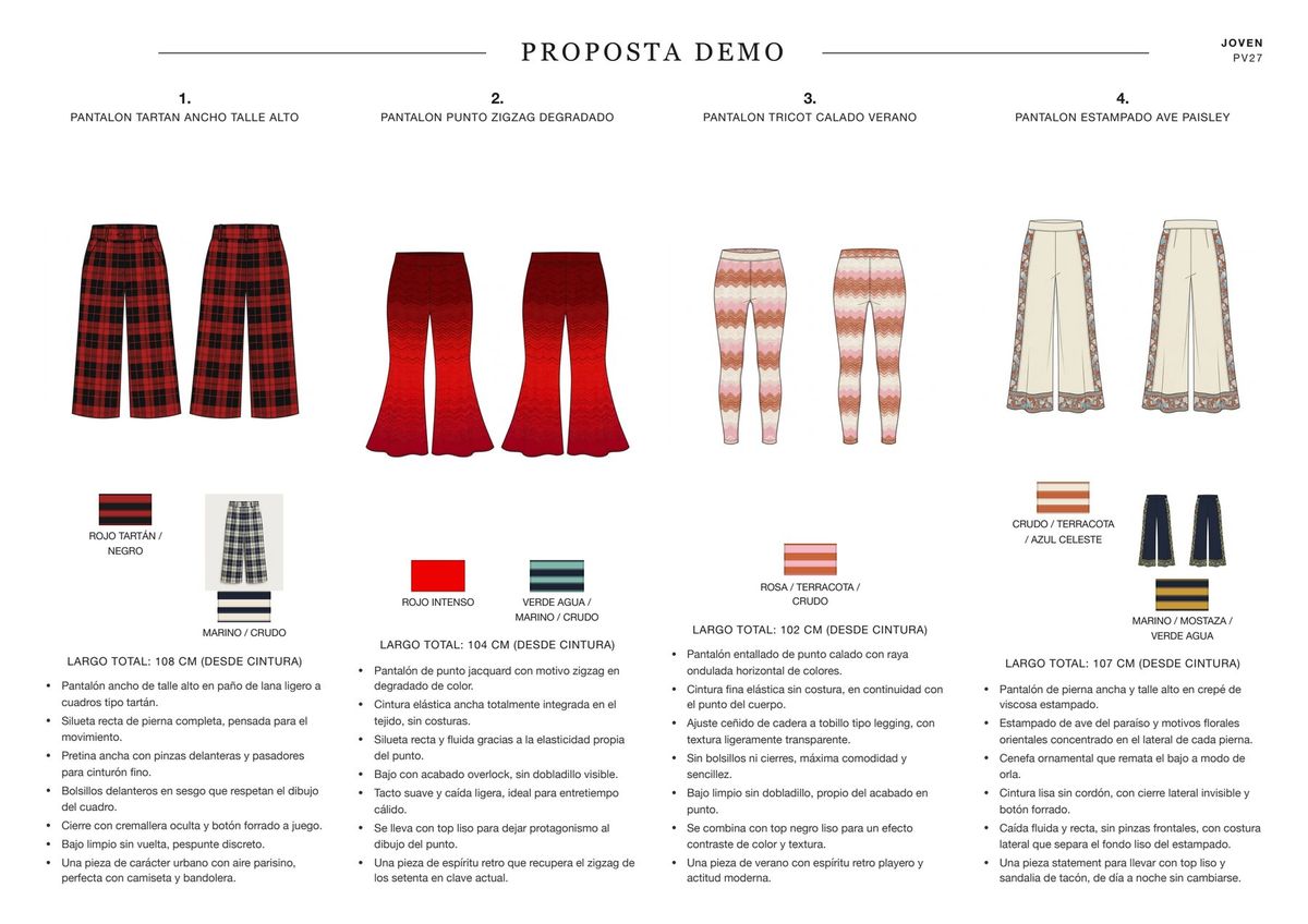 Lámina de colección en A4 apaisado con cuatro pantalones y sus variantes de color