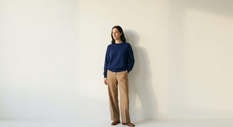 Modelo con un jersey de punto de cuello redondo marino y pantalón camel ante una pared encalada con luz de tarde