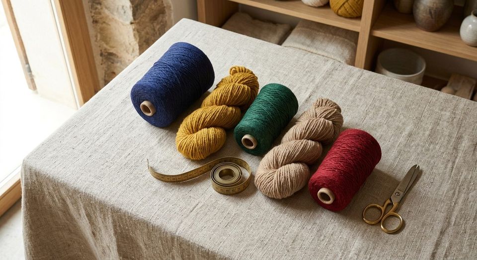 Conos y madejas de lana en marino, mostaza, verde botella, camel y grana sobre lino
