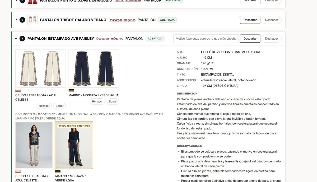 Pantalla del estudio con las piezas de una colección y su estado