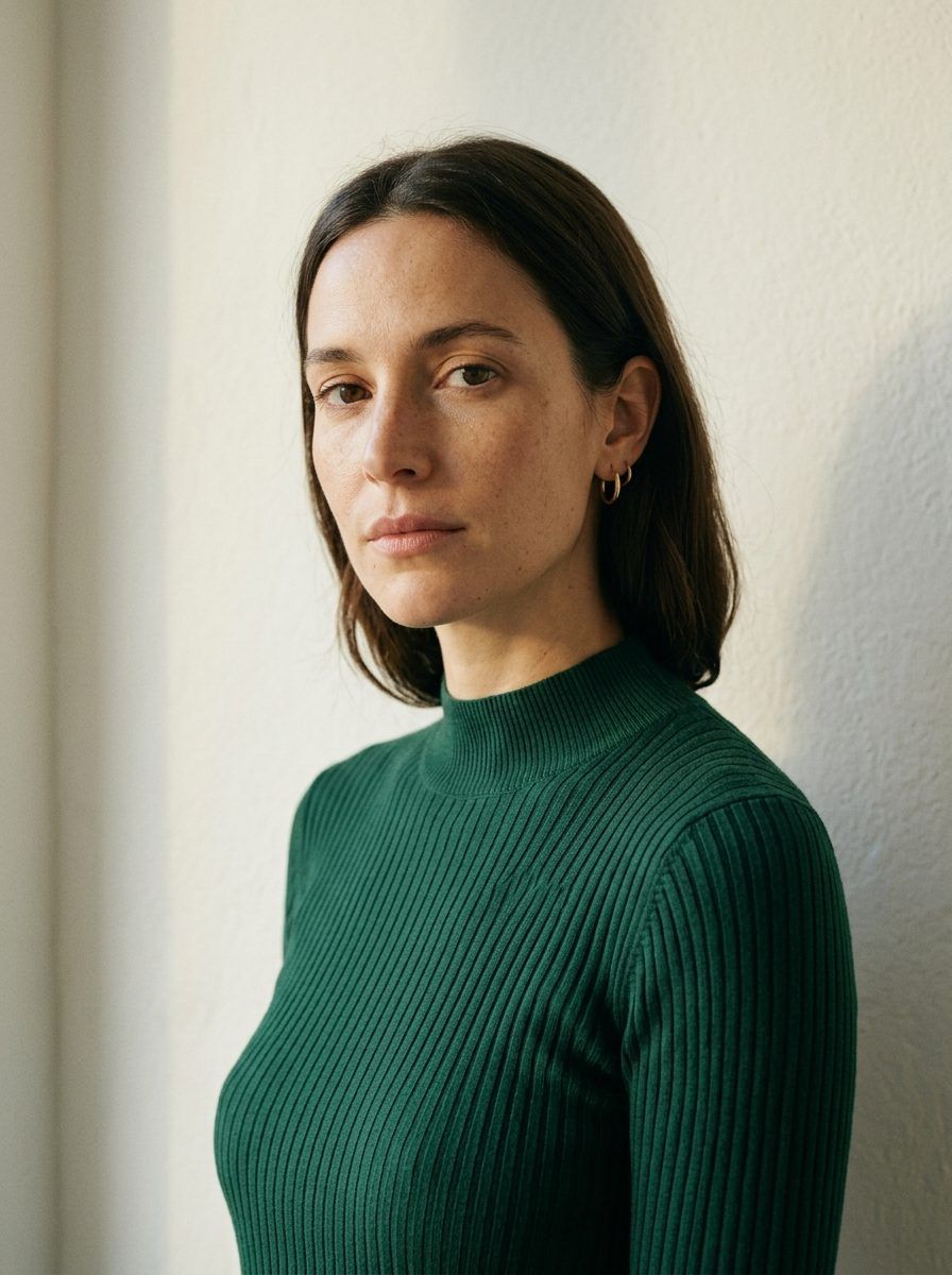 Retrato de referencia de una modelo inventada con jersey de canalé verde botella