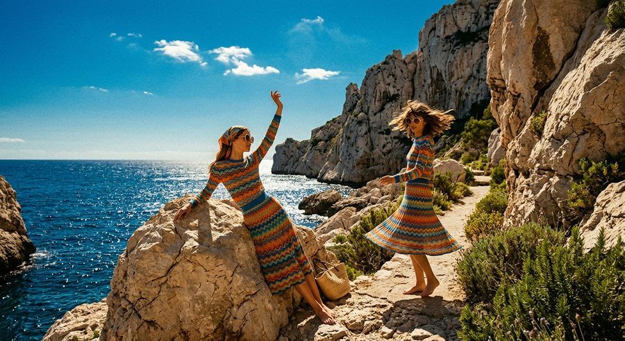 Editorial de moda: dos modelos con conjuntos de punto en zigzag en la costa mediterránea