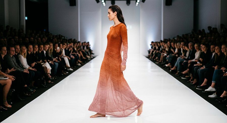 Vestido largo de punto fino en degradado naranja a rosa en una pasarela