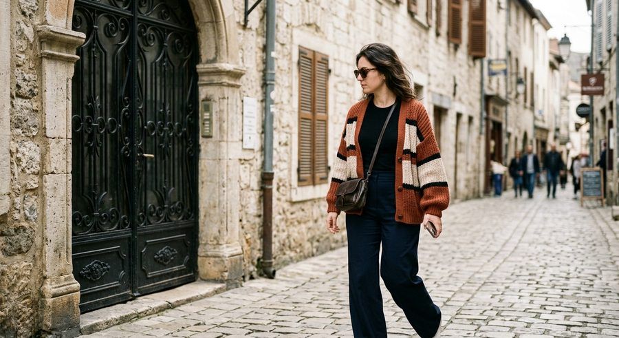 Street style: mujer con cárdigan de punto grueso a rayas caminando por una calle antigua