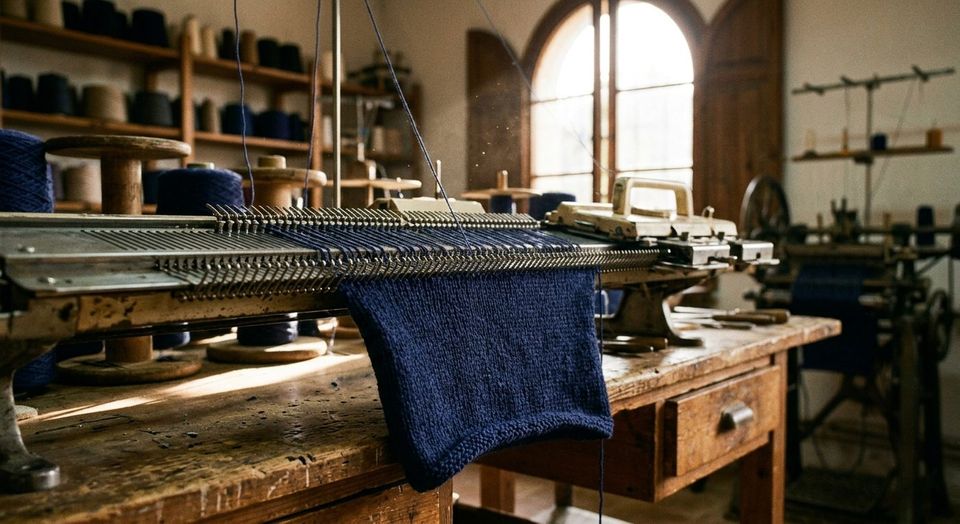 Máquina tricotosa con hilo marino en un taller textil catalán